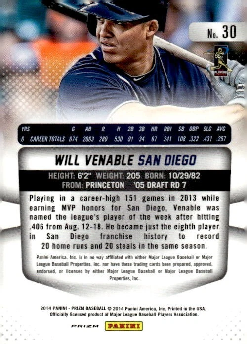 2014 Panin Prizm Camo Prizm #30 Will Venable San Diego Padres - Image 2 of 2