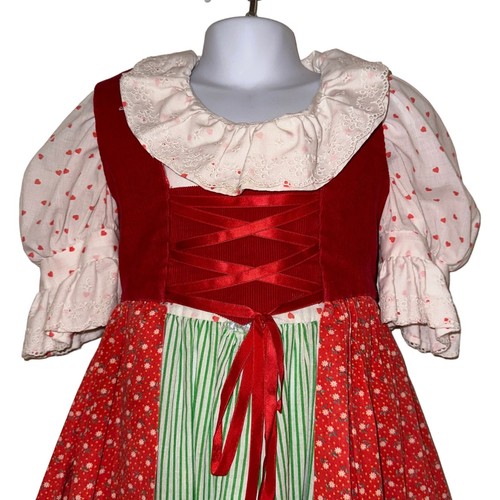 Handmade 2 Piece Apron Dress Girls 5 Hearts Patchwork Corduroy Puff Sleeves Cute - Picture 2 of 12