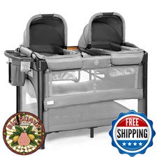 JOYMOR Twin Bassinet for Baby Bedside Convertible Sleeper Playpen Gray with Whee