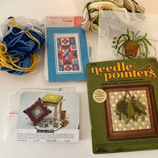 Lot of 3 Needlepoint Kits: makes Coasters, card, framed picture, see notes