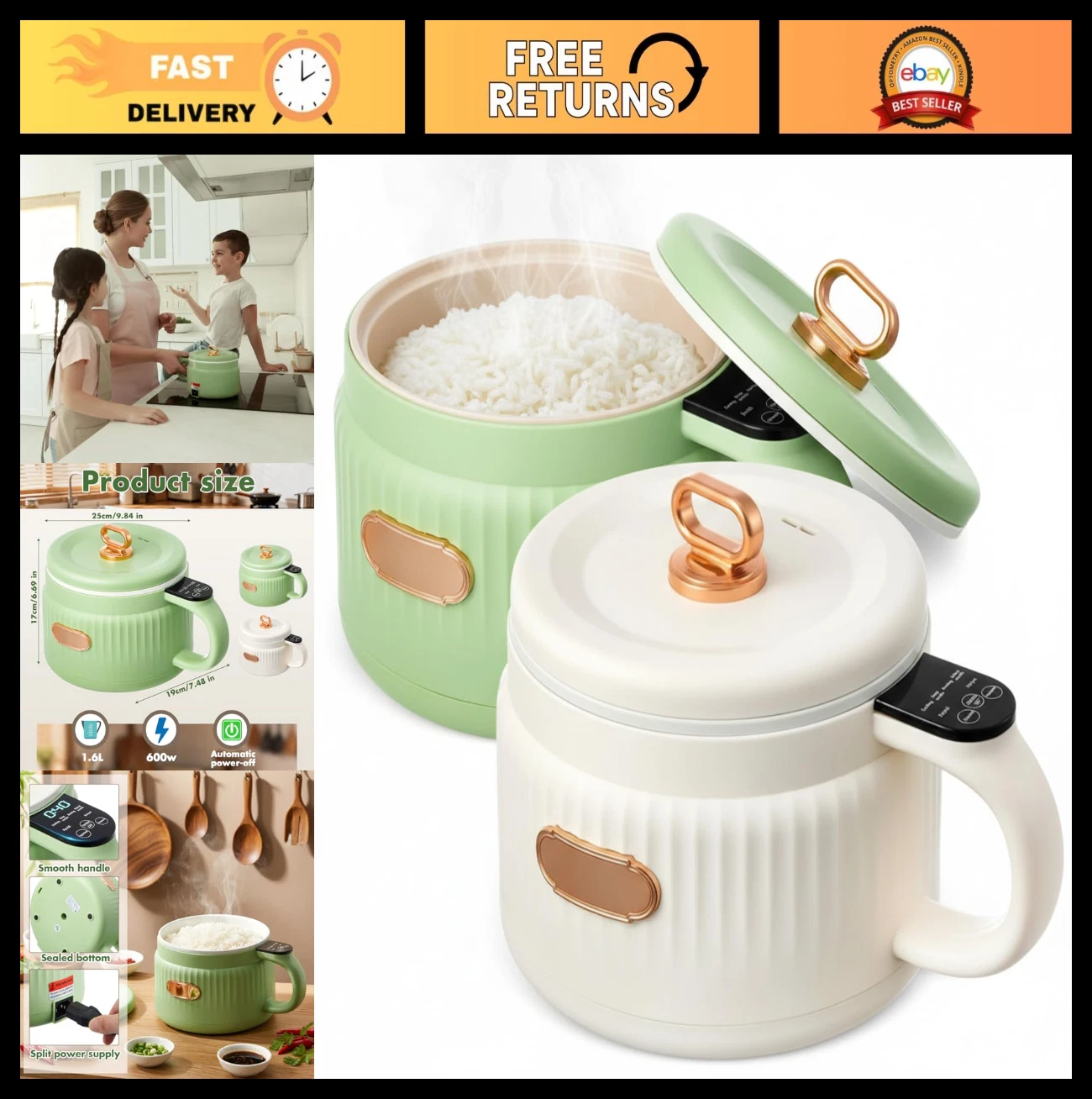 2 Pcs Electric Ramen & Rice Cooker, Non-Stick Hot Pot with Boil Dry Protection,