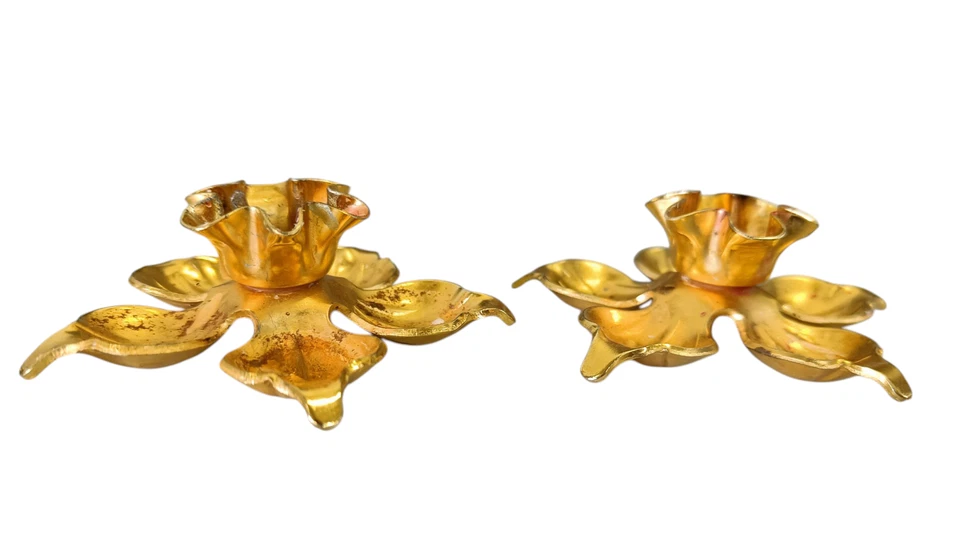 Vintage Blumen Kerzenhalter 2er Set Blüten Deko Kerzenständer goldfarben - Bild 2 von 4