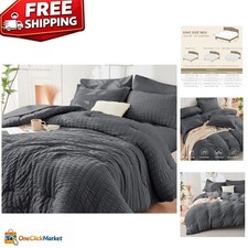 All Season King Size Seersucker Comforter Set - 7 Piece Bed in a Bag, Dark Grey
