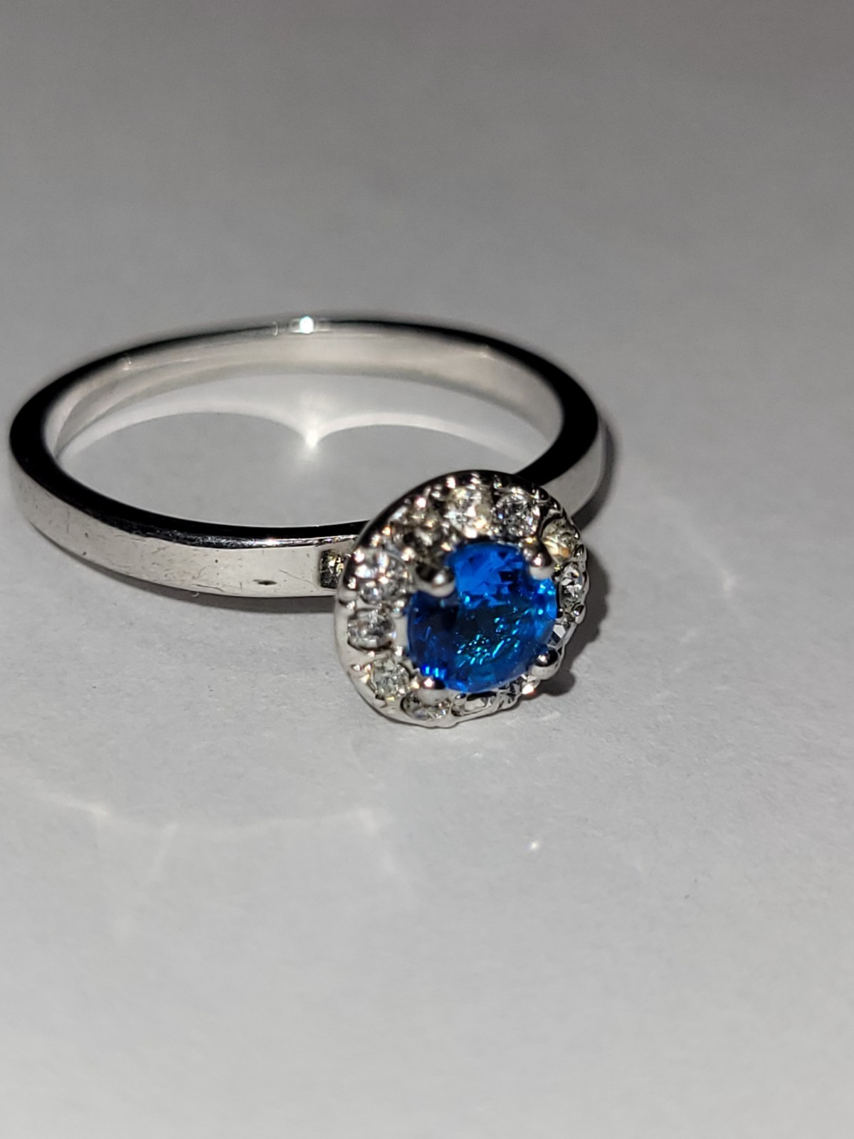 Silvertone Ring Blue Rhinestone Clear Accent Halo… - image 6
