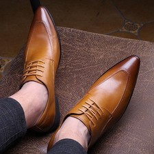 Mens Pointy Toe Lace Up Real Leather Cowhide Formal Dress Business Wedding Shoes