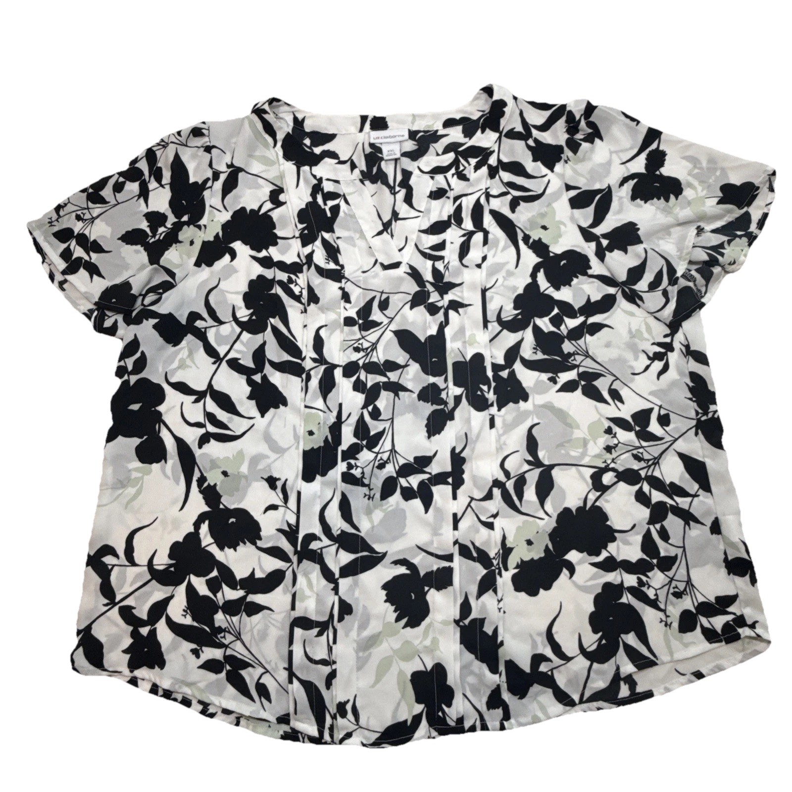 Liz Claiborne Women XXL Blouse Black White Floral Short Sleeve Top