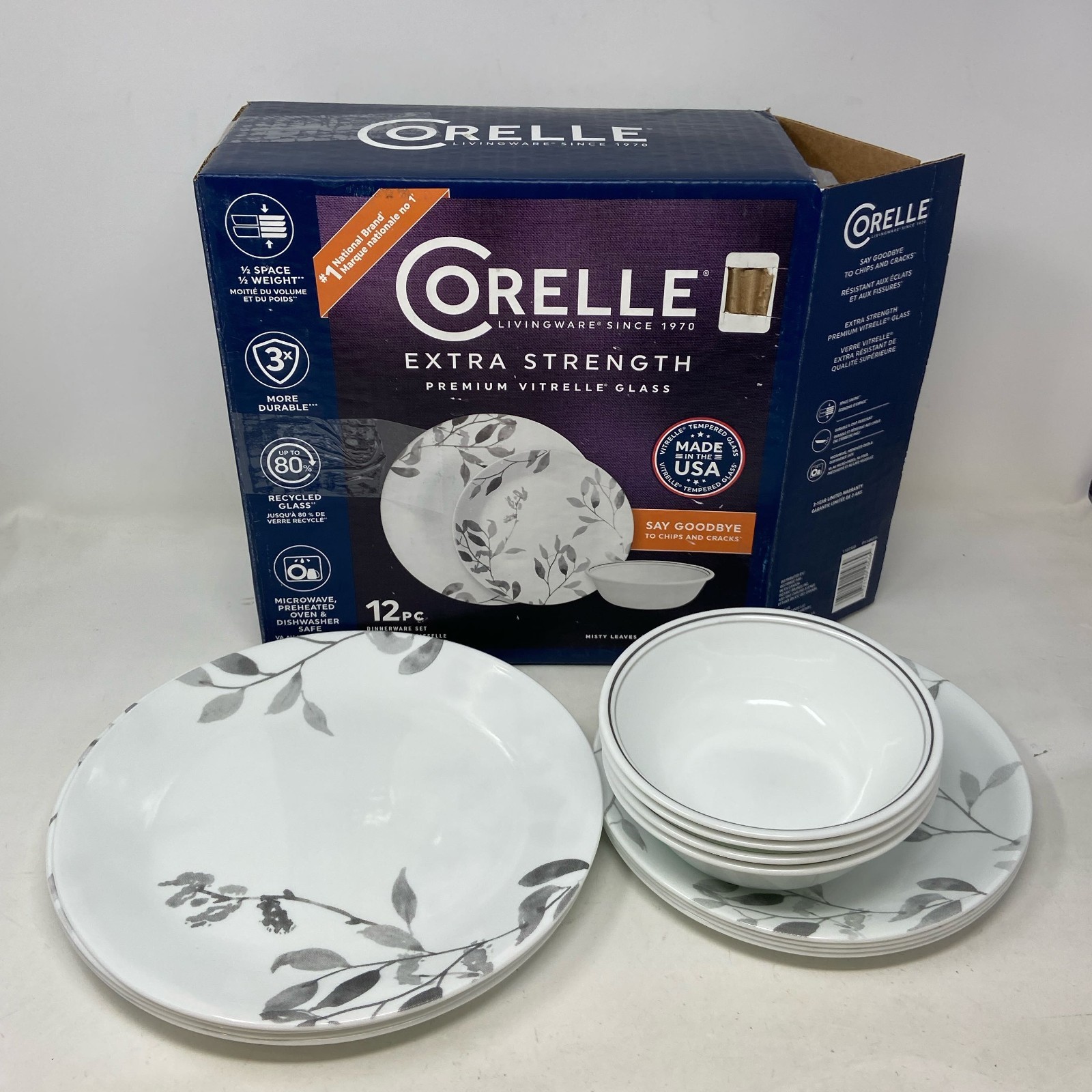 Corelle Misty Leaves 12pc Dinnerware Set, White/Gray, Servic