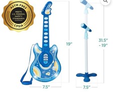 19in Kids Flash Guitar, Pretend Play Musical Instrument Toy w/ Mic Blue