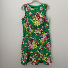 Talbots Dress Women's 12 Green Pink Yellow Floral Sleeveless Ruffle Hem Shift
