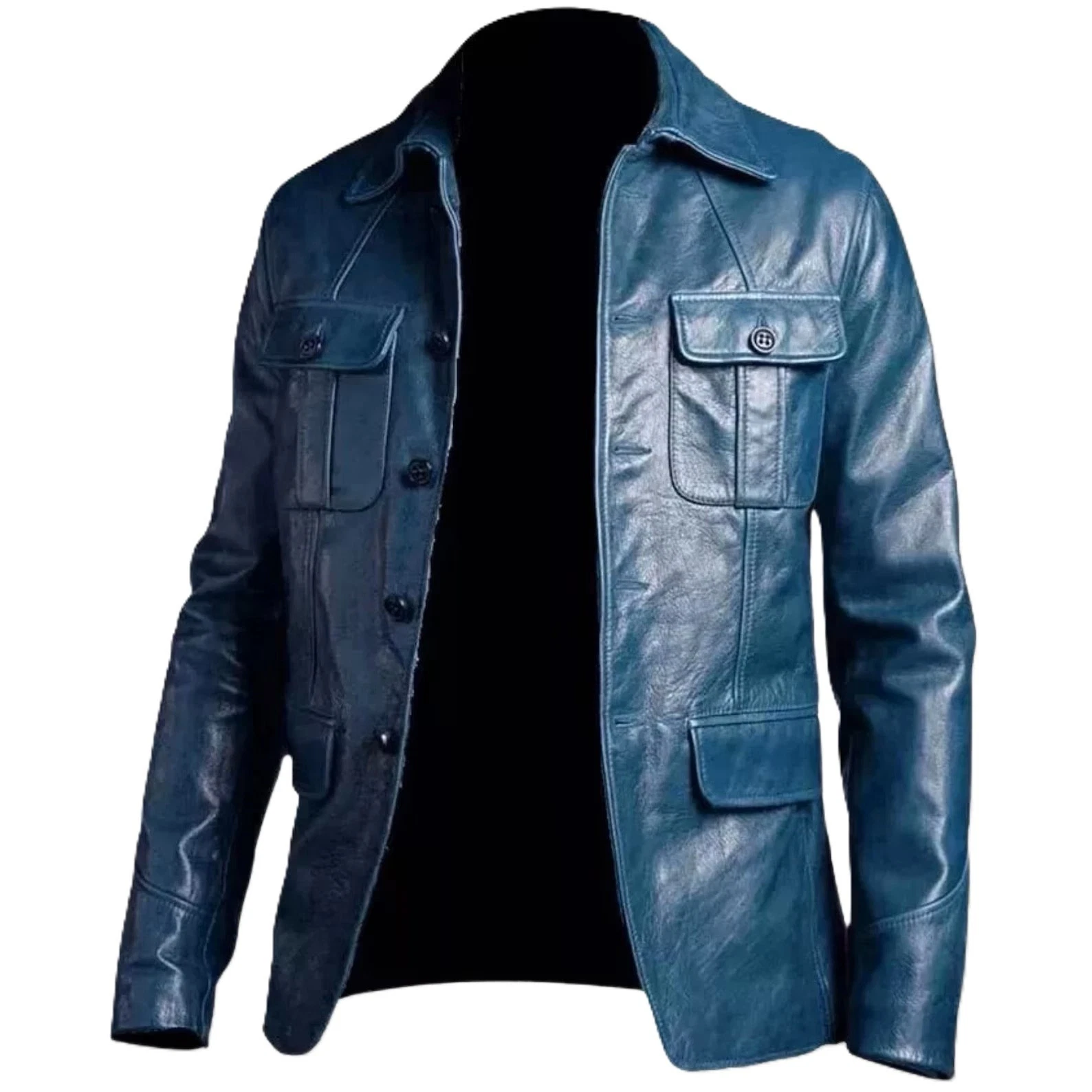 Men's Real Lambskin Leather Blue Jacket Moto Biker Vintage Coat 4 Button Blazer