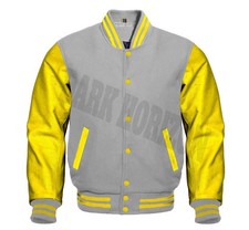 Varsity Letterman O-Gray&Yellow Cowhide Leather Bomber College Baseball  Jacket