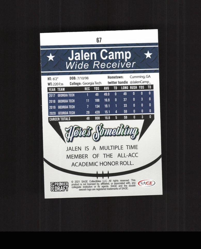 2021 SAGE Premier Draft #67 Jalen Camp  ROOKIE CARD - Image 2 of 2