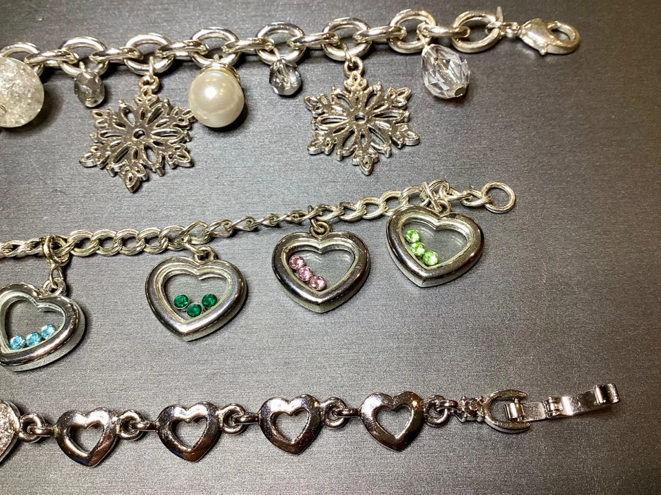 Lote de 3 Pulseras Chapadas en Plata Estilo Dije Copo de Nieve Corazón Estrás Joyería Foto 3 de 4