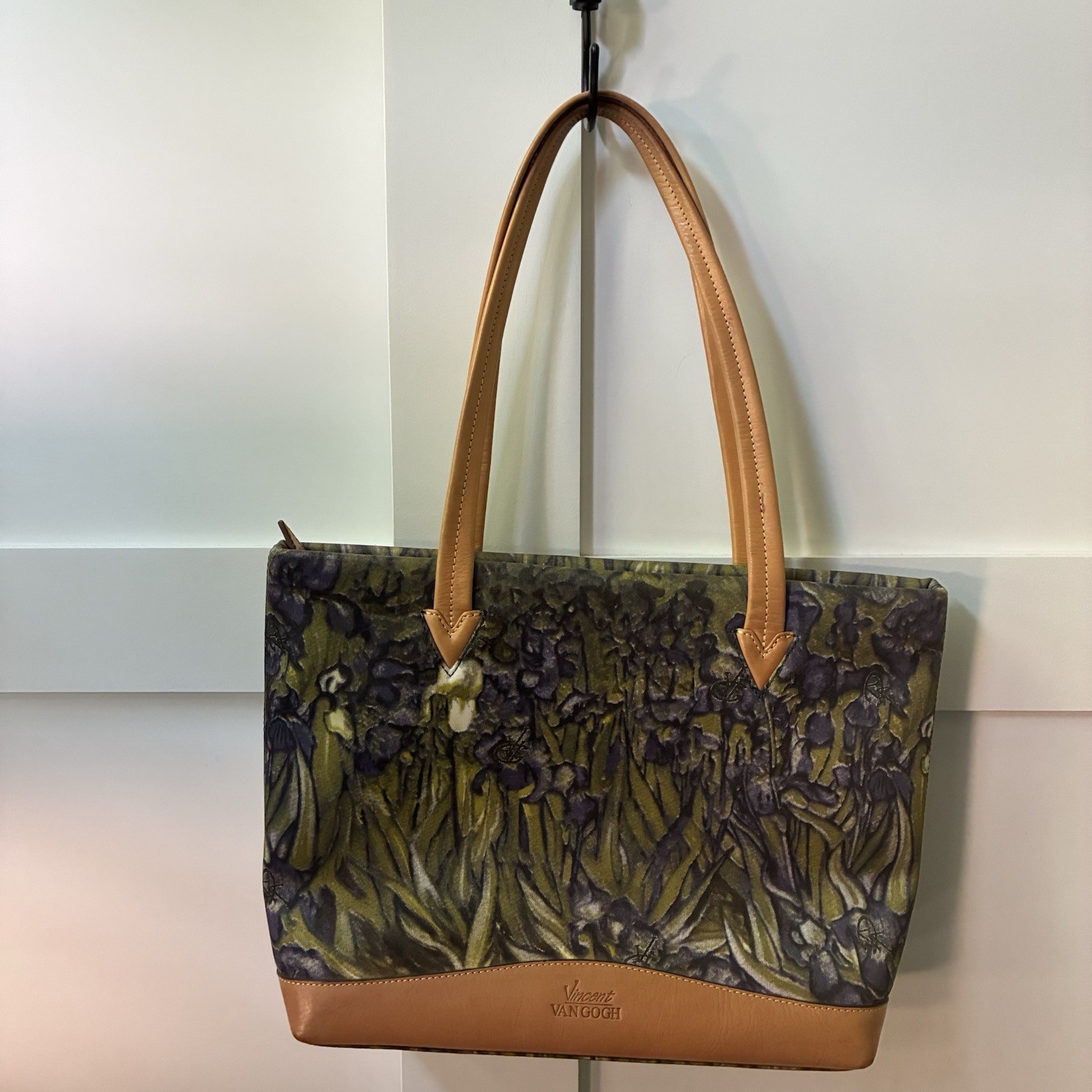 Vincent VAN GOGH irises canvas shoulder bag with brown leather accents