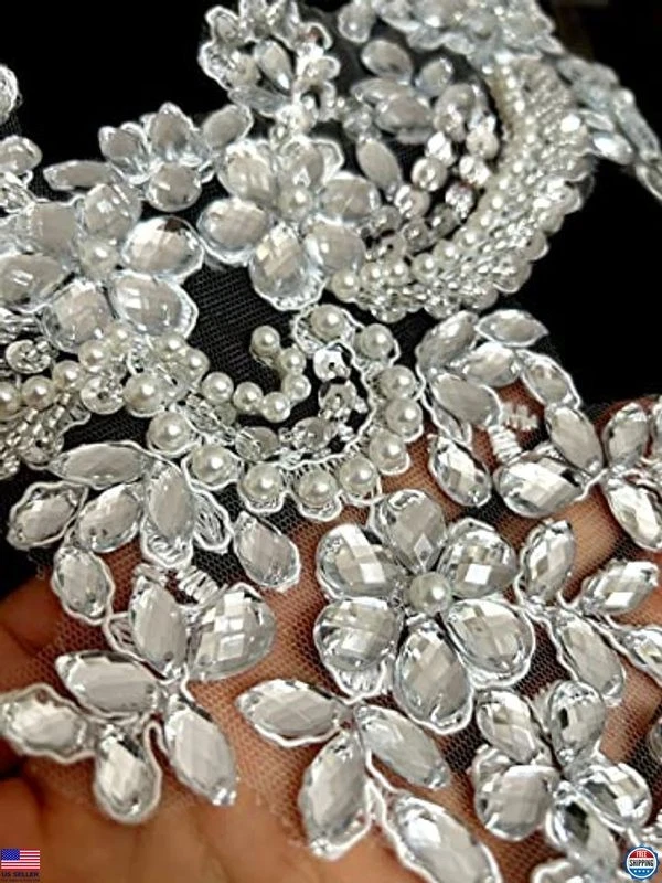 Elegantes cuentas de flores de encaje y apliques de diamantes de imitación de perlas para escotes de vestido, Foto 4 de 4