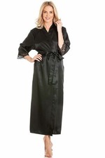 Ladies Long Satin Dressing Gown Lace Detail Women's Robe Wrap Size UK 10-24 NEW