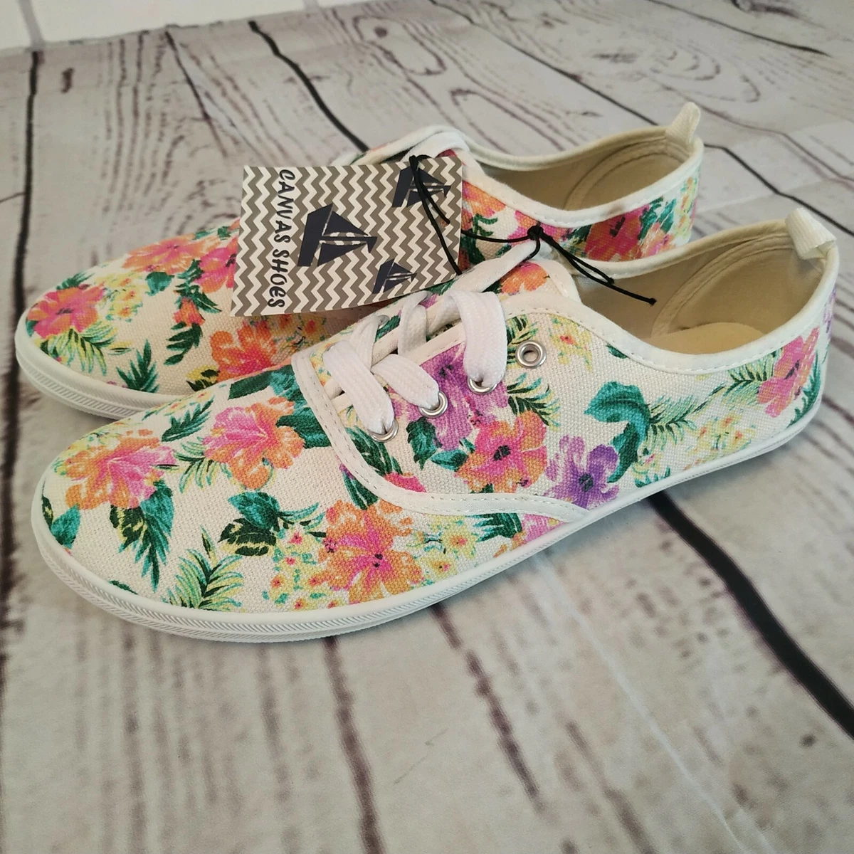 TENNIS 8 9 L FLORAL CANVAS SHOES SNEAKERS CASUAL SLIP FOR WOMEN