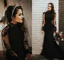 Black Lace Mermaid Long Sleeve Wedding Dresses Lace Applique Sequins Beaded Gown