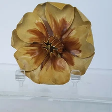 Vintage Large Enamel Painted Furled Flower Brooch Brown Cream Raised Center 2.5"