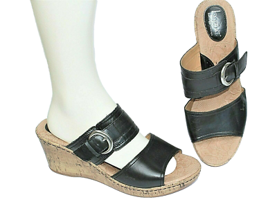 BOC Born Concept Womens 11MW Black Leather Slide Cork Wedge Sandals Buckle  Shoes