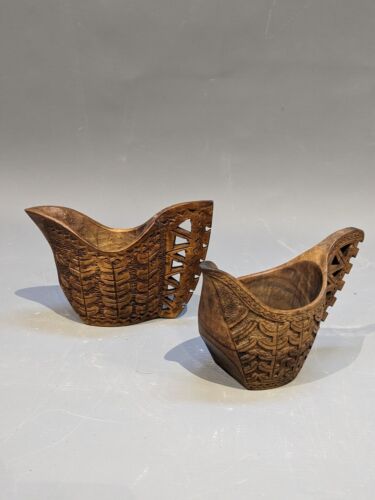 Jarra de madera tallada escandinava para pájaro perforada embellecida hecha a mano única MCM - Imagen 1 de 9