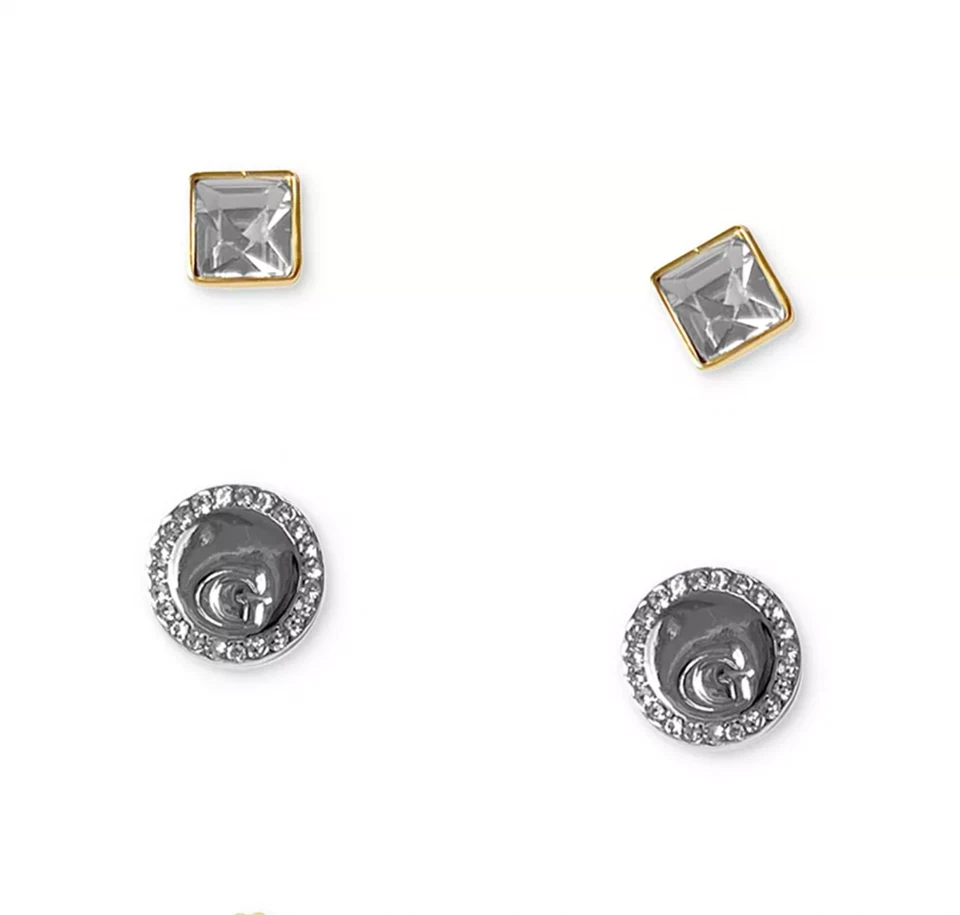 JUEGO DE 3 PENDIENTES DE ARO Y TACHUELAS DE CRISTAL TONO PLATA DORADO GUESS NUEVOS CON ETIQUETAS Foto 4 de 4
