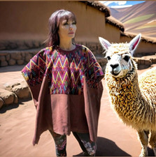 Vintage Women Handmade Woven Poncho Peru Aztec Southwestern Button Neck Sz 34x29