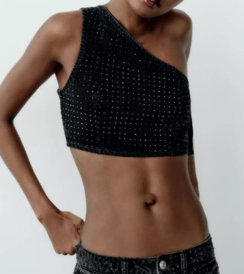 Top Débardeur ZARA Bleu Denim Off-shoulder Cropped - Taille S (UK 8) - Occasion Très Bon état