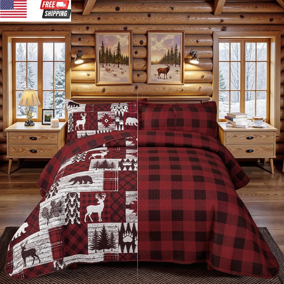 Juegos de edredón reversible de microfibra suave L rústico de 3 piezas de cabina tamaño king de 3 piezas Foto 3 de 4