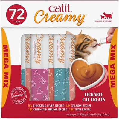 Creamy Lickable Cat Treat   Healthy Variety of Flavors, 72 Pack, Hand-Feed or Se