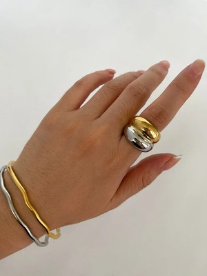 Stainless Steel Ring Two Tone Chunky Dome Double Layer Wide Round Women Jewelry
