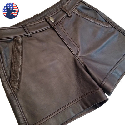 Men's Brown Genuine Sheepskin Leather Shorts 4 Pocket Vintage Biker
