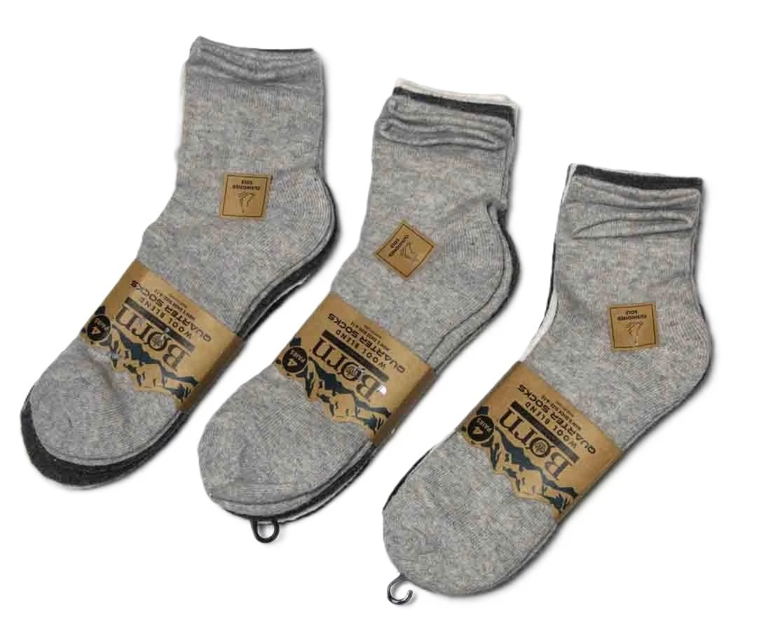 12 Pair BORN Wool Blend Quarter Socks Gray Black White Men's Size 6-12