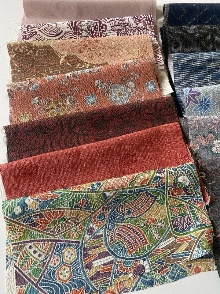 100g Vtg Japanese Kimono Silk Fabric Scraps Lot Patchwork Craft Japan, 930 - image 2 of 4