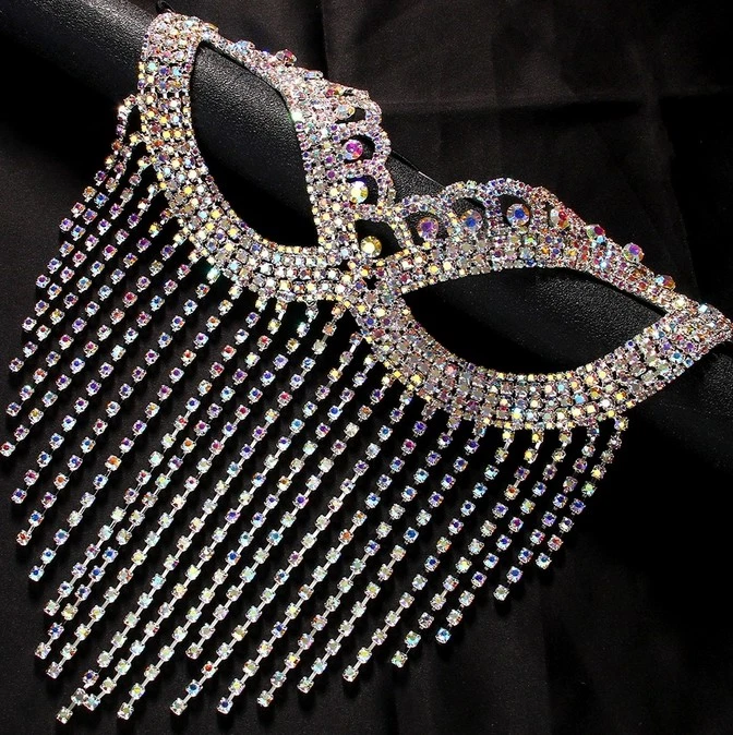 Belly Dance Rhinestone Long Tassel Face Veil Face Mask Women Masquerade Harness - Image 3 of 4