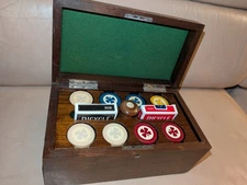 Mahogany Antique Poker Box - 199x Clay Shamrock Chips - Rack Caddy Vintage Case