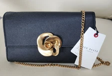 Ted Baker London Kira Rose Clutch Brushed Gold Black Leather Shoulder Bag New