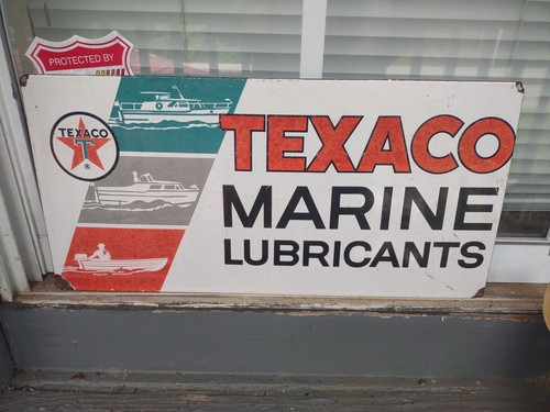 LARGE RARE TEXACO MARINE LUBRICANTS GAS OIL 18" PORCELAIN METAL GAS OIL SIGN