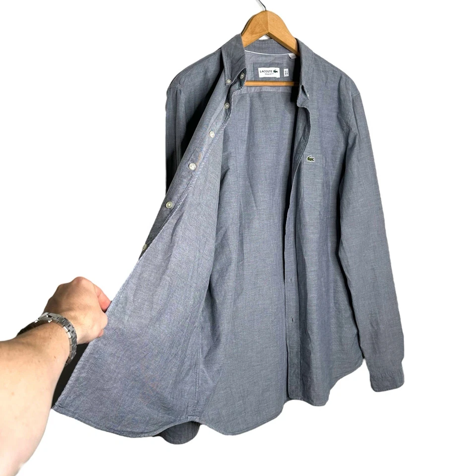 Camisa Lacoste Para Hombre Grande Azul Cambray Manga Larga Con Botones Logo Preppy Foto 4 de 4