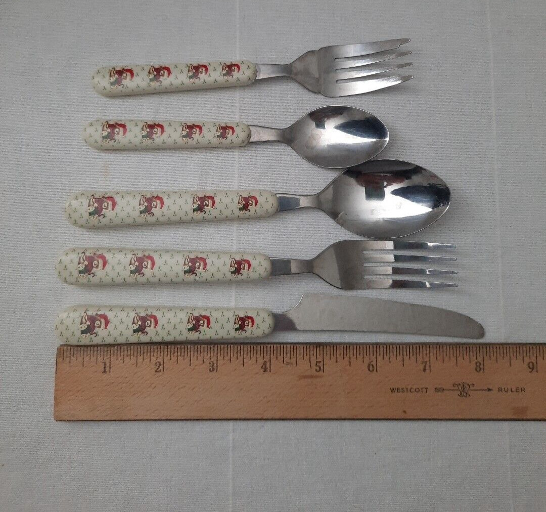 Vintage 38 Piece Lot Christmas Teddy Bears Stainless Flatware w/ Plastic Handles