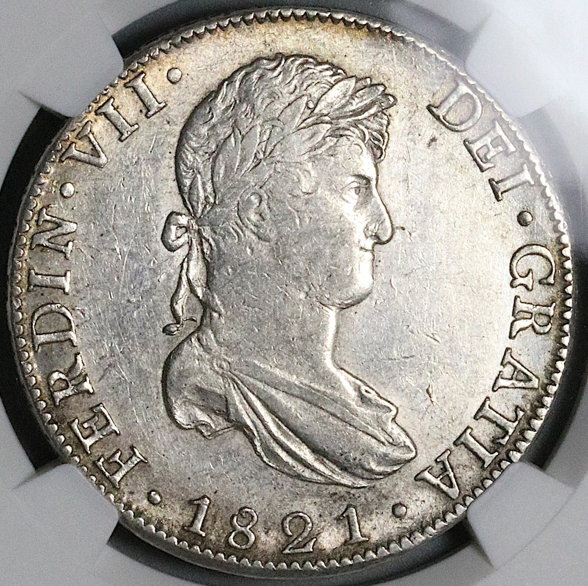 1821-Mo NGC AU 58 Mexico 8 Reales Ferdinand VII Pillars Coin POP 5