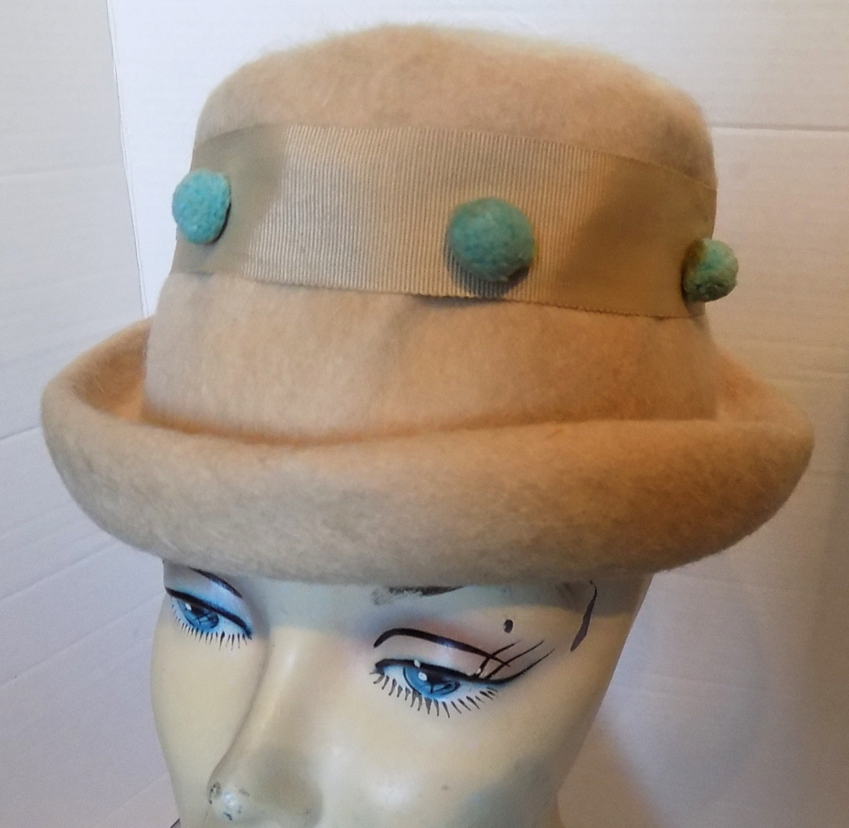 Vintage Camel Shagfelt Wool Hat Blue Pom Poms