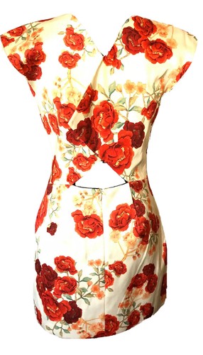 Cameo Blessed Dress Red White Multi Floral Cowl Neck Back Interest Mini sz S NWT - Picture 2 of 10