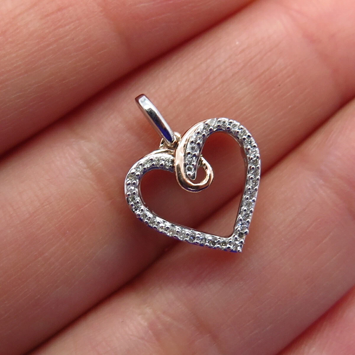 925 Sterling Silver 10K Gold Real White Diamond Open Heart Charm Pendant