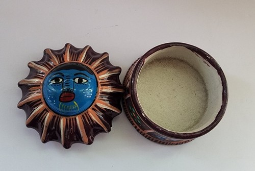 Vintage Mexican Ceramic Sun Face Trinket Box Blue - Picture 2 of 6
