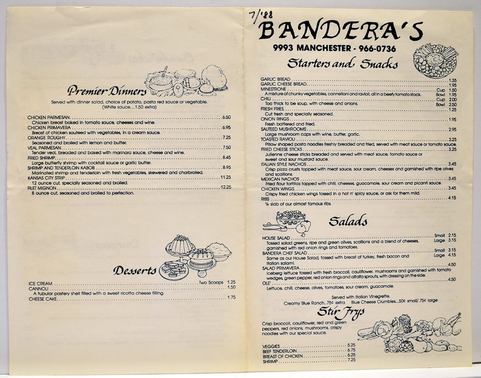 1988 Bandera's Cafe Restaurant Menu 9993 Manchester Road St Louis