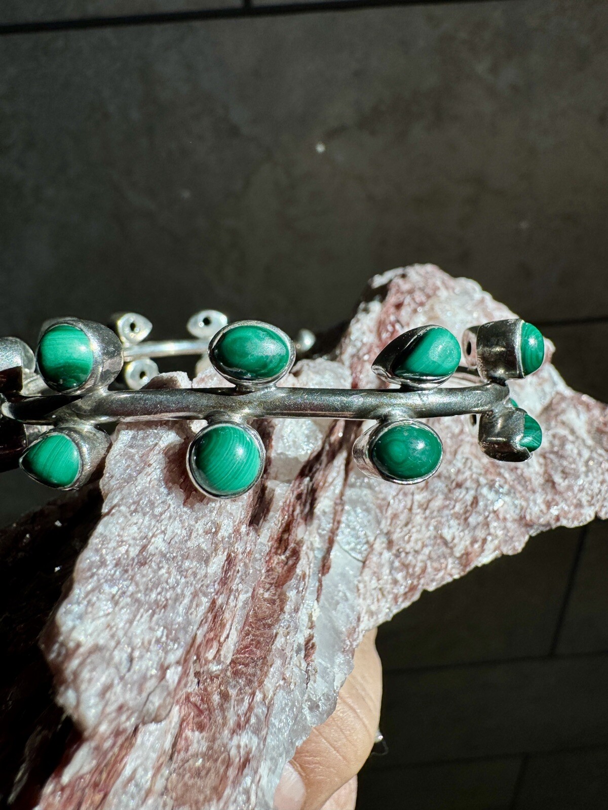 Navajo Solid Sterling Malachite Tree Branch Brace… - image 5