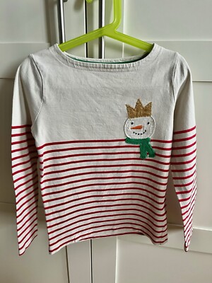Mini Boden Langarmshirt Mädchen Gr. 128 Weiß Rot Streifen Schneemann Winter