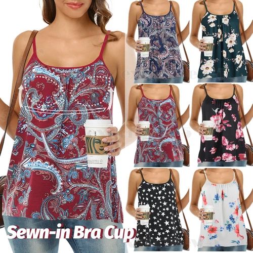Summer Tank Tops for Women Boho Floral Loose Cami Spaghetti Strap Tunic Blouses - Picture 1 of 42