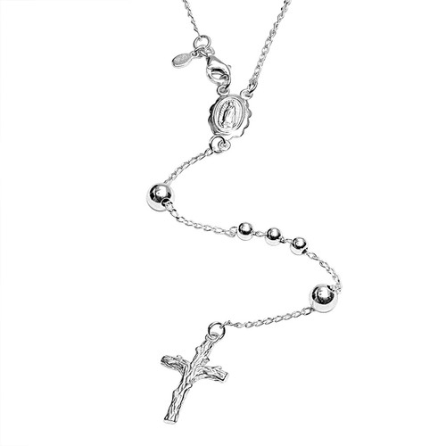 {925 Sterling Silver Italian Rosary Bead Cross Y Chain Necklace for Women 20 In} - Picture 2 of 9